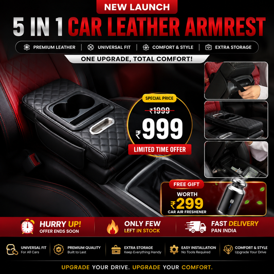 5 IN 1 CAR LEATHER ARMREST - UNIVERSAL FIT FOR ALL CARS